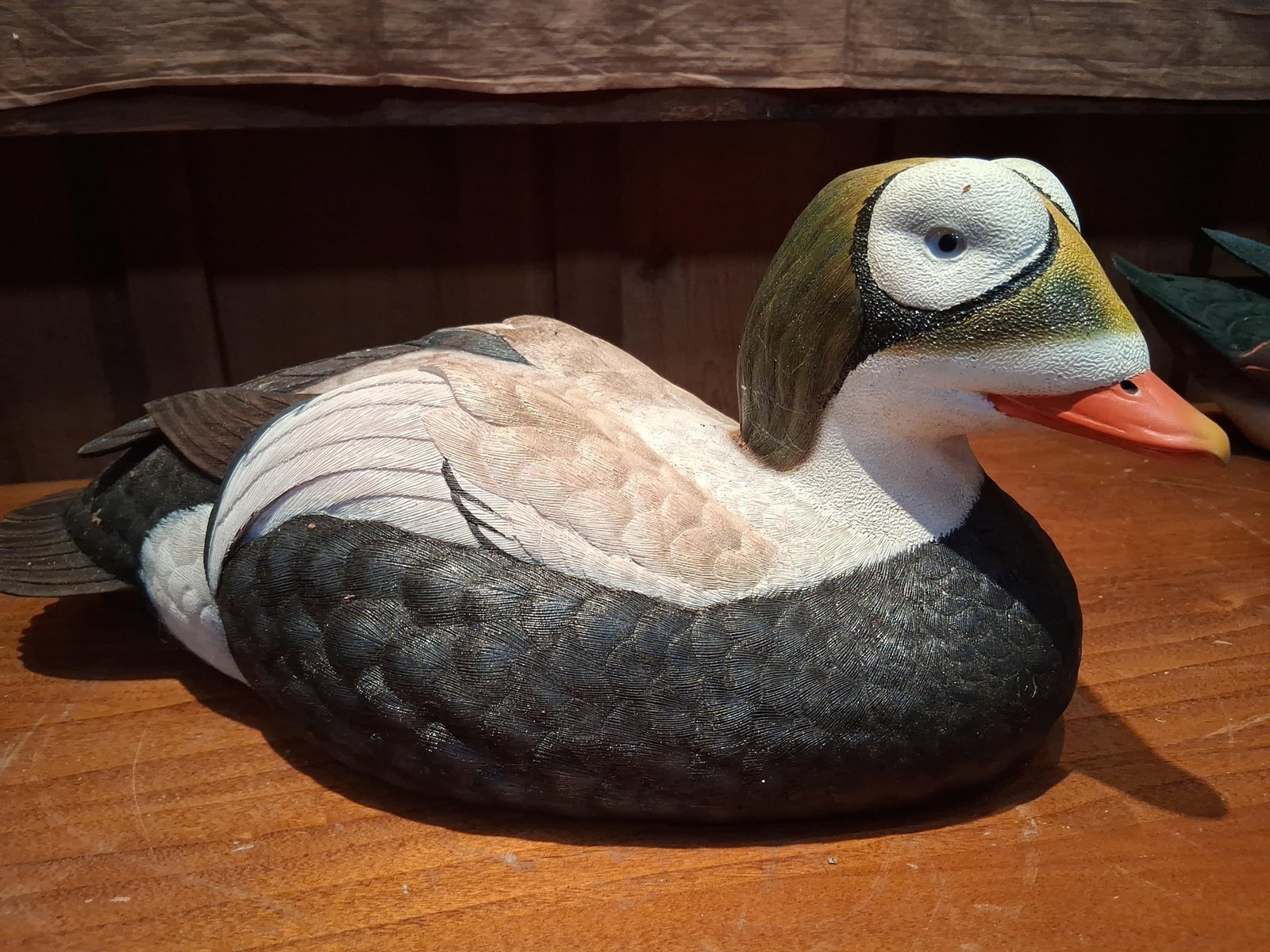 Jules A. Bouillet Spectacled Eider Drake Decoy: A handcrafted and hand-painted limited edition decorative duck decoy by artist Jules A. Bouillet, depicting a Spectacled Eider drake. This piece is constructed of hand-painted composite or resin with