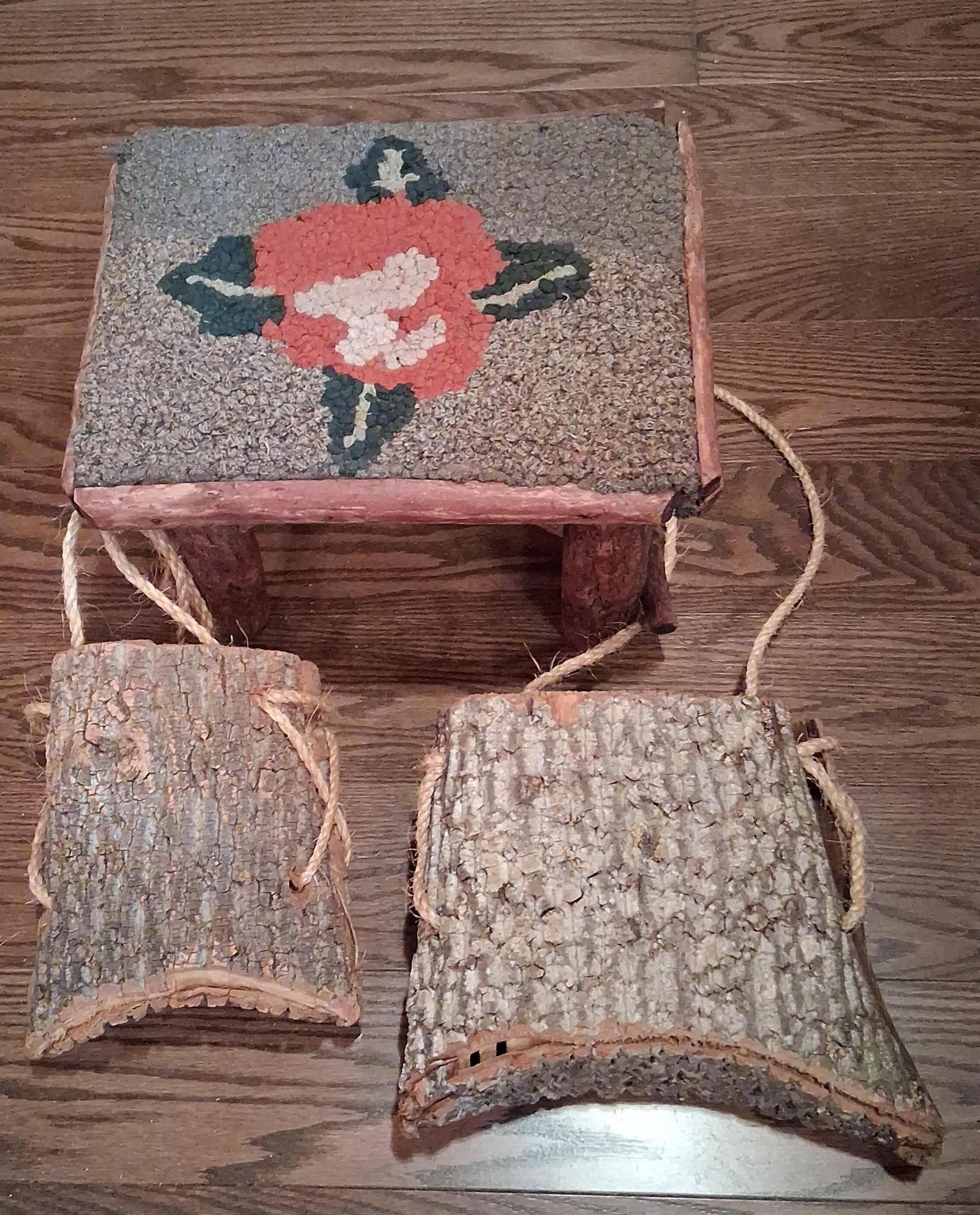 Adirondack Hooked Rug Footstool & Bark Pockets (1 of 10)