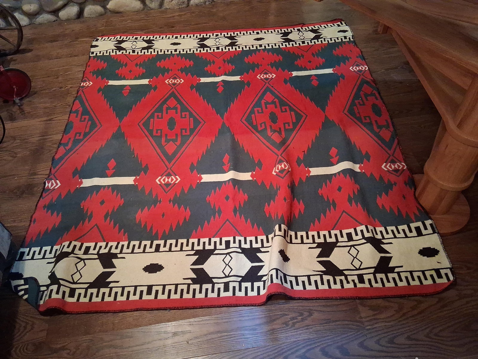 Southwestern Geometric Flatweave Wool Blanket: 72x 80. A large Southwestern-style flatweave textile, likely a heavy camp blanket, constructed from wool or a wool-blend material. The design features a bold, symmetrical geometric pattern influenced 