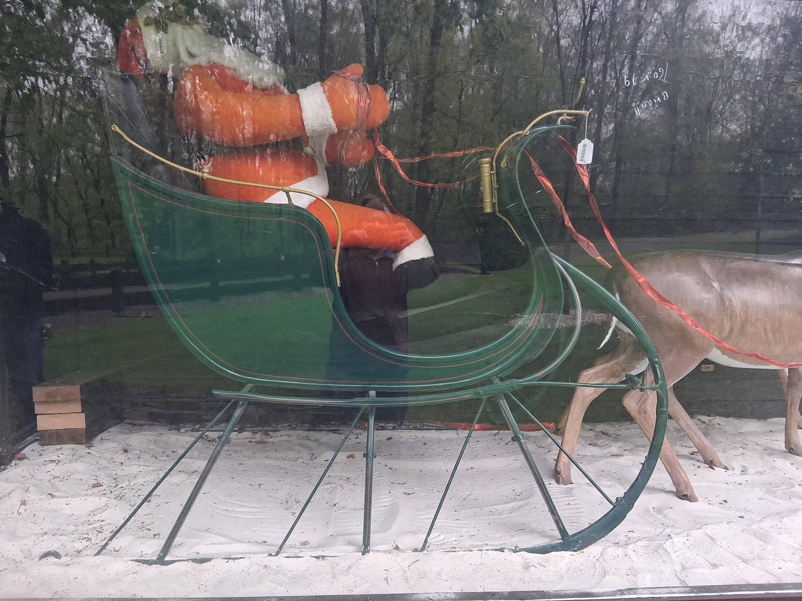 Horse-Drawn Sleigh Display w/ Santa & Reindeer: 72 inches long. This large-scale holiday display includes a professionally restored full-size horse-drawn sleigh, a large soft-sculpture Santa Claus figure, and a molded reindeer. The sleigh is