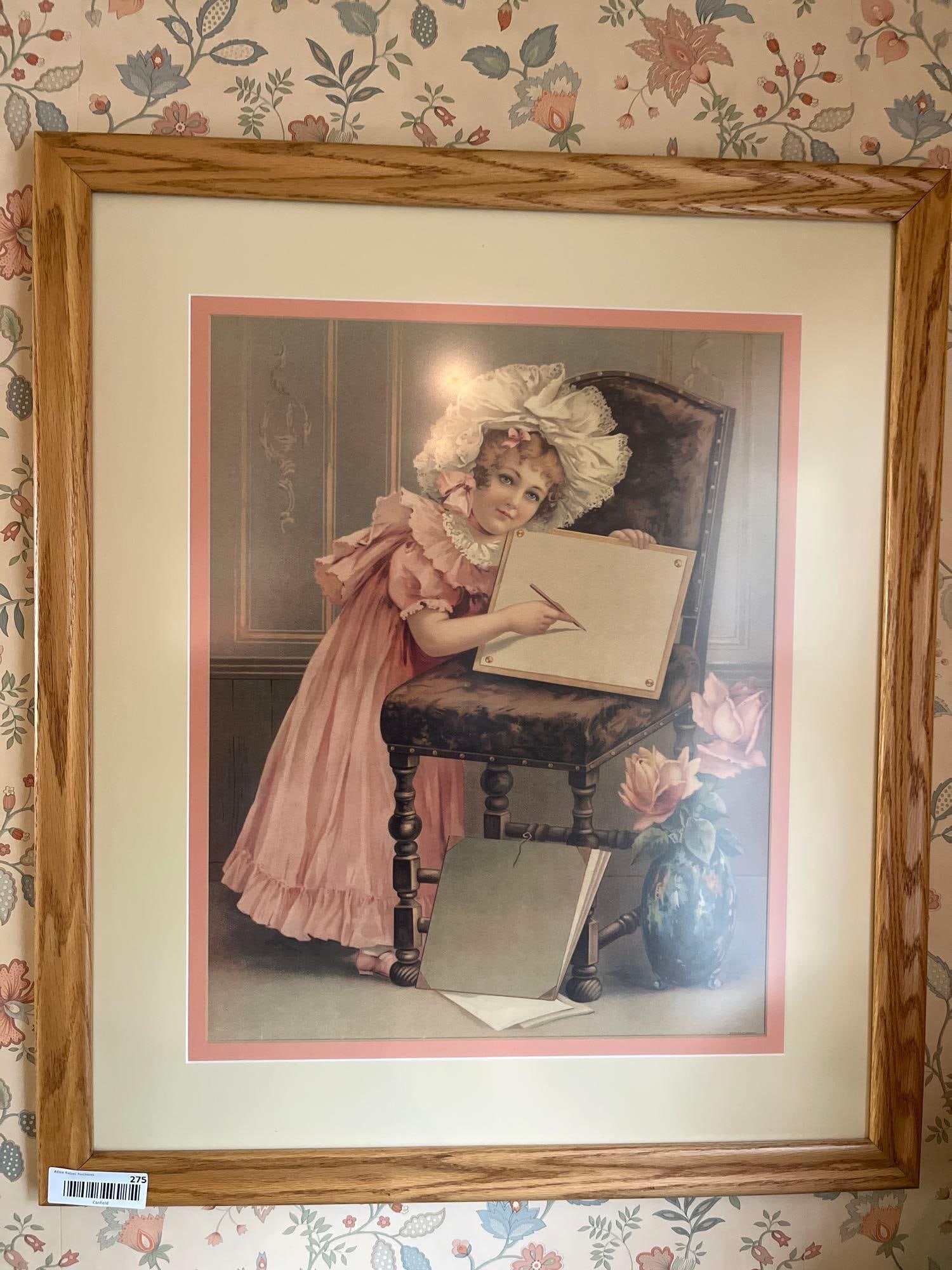 19th/20th C. German Chromolithograph, Girl Drawing: This color lithograph, likely a chromolithograph dating from the late 19th to early 20th century, depicts a young girl with blonde hair in a sentimental Victorian-era scene. She is dressed in a volumi