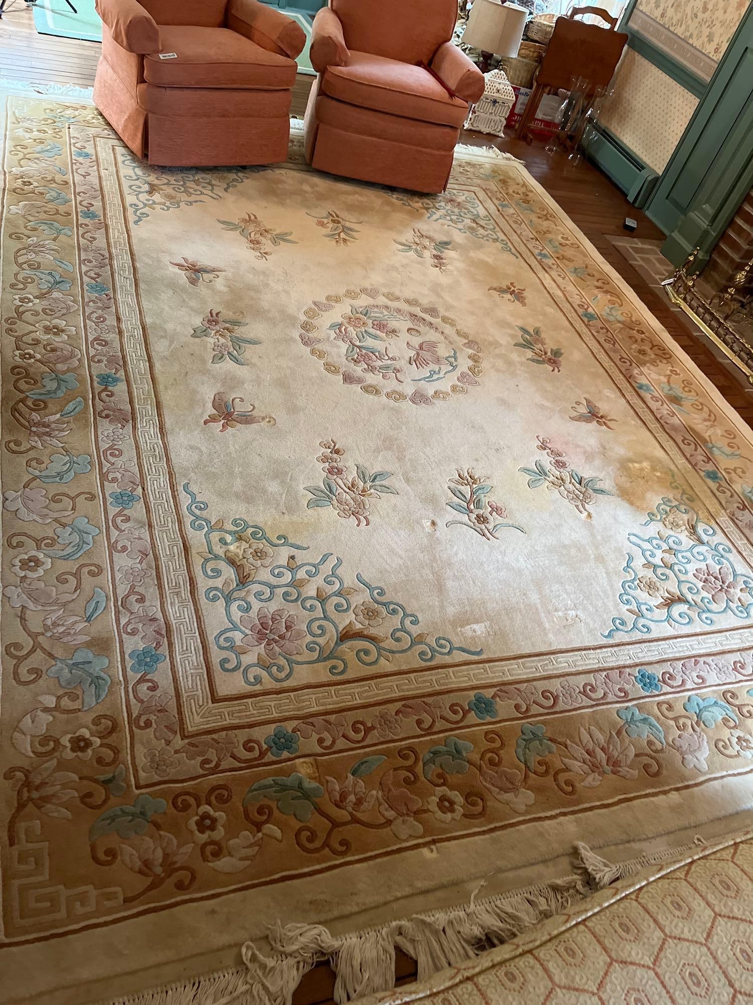Large Chinese Deco Sculpted Wool Area Rug: A large hand-knotted Chinese wool area rug, likely dating from the mid-20th century. The rug is designed in the Chinese Deco or Peking style, featuring a sculpted pile that creates a