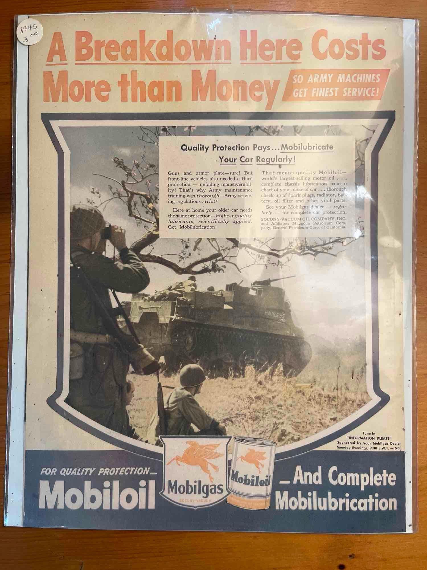 Mobiloil & Mobilgas Advertising Print, 1945: This original commercial advertisement is an offset color lithograph produced for the Socony-Vacuum Oil Company, Inc., dated circa 1945. The imagery features a wartime battlefield scene depicting