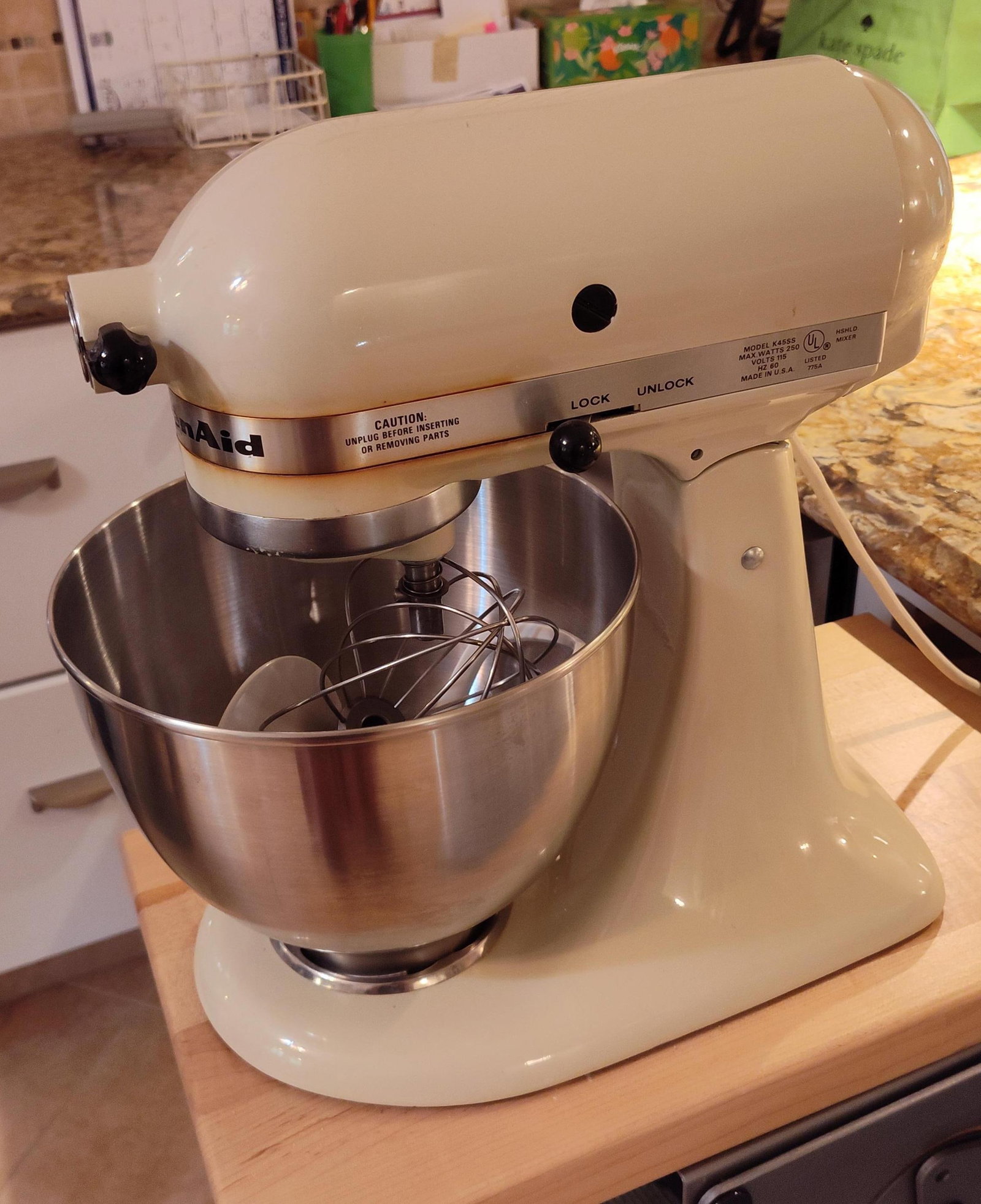 Vtg KitchenAid Hobart K45SS Tilt-Head Stand Mixer: This vintage KitchenAid K45SS tilt-head stand mixer was manufactured by the Hobart Corporation in Troy, Ohio. The unit features a heavy-duty enameled metal body in an off-white finish and includes a 4