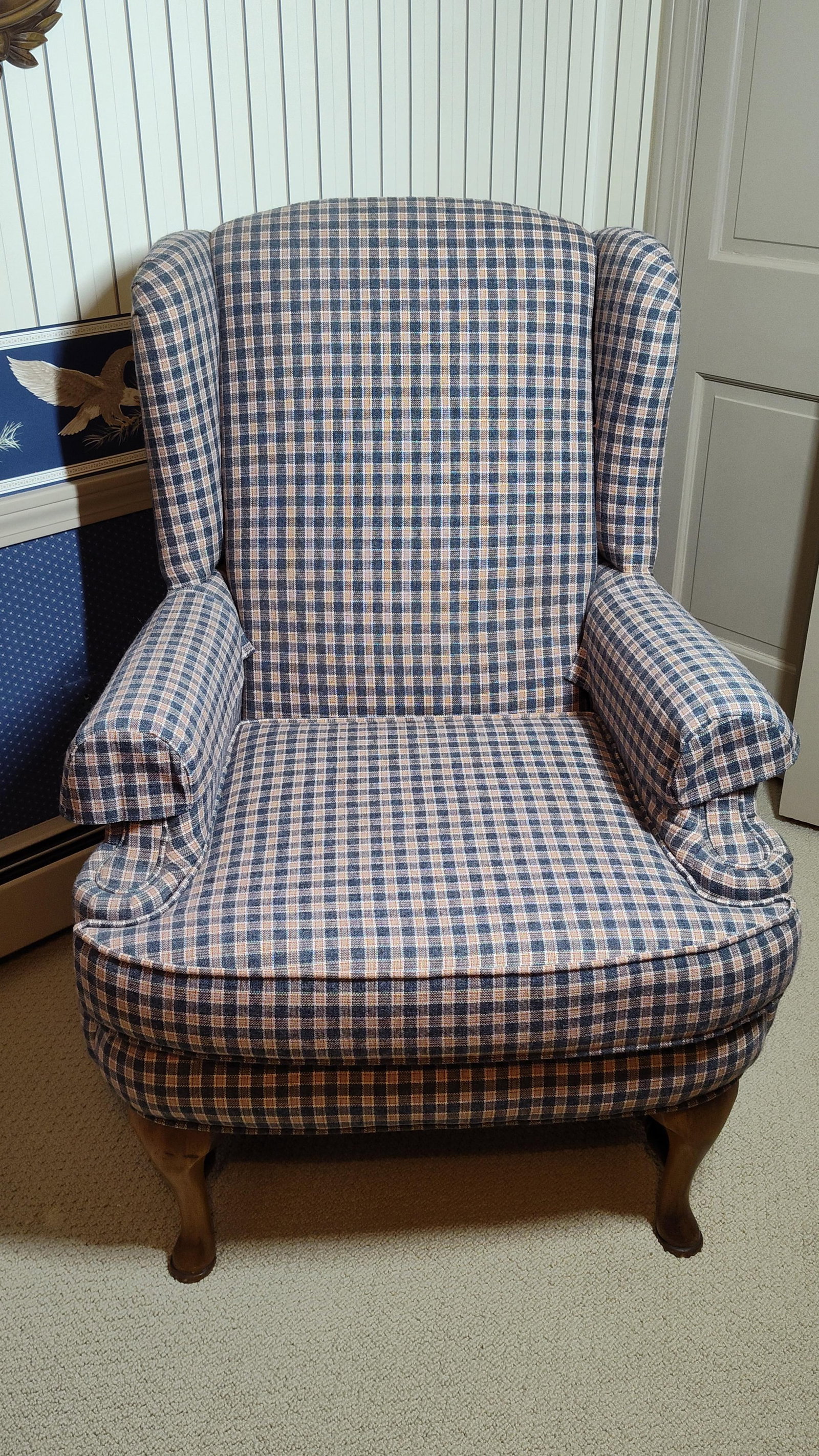 Colonial Revival Check Pattern Wingback Armchair (1 of 5)
