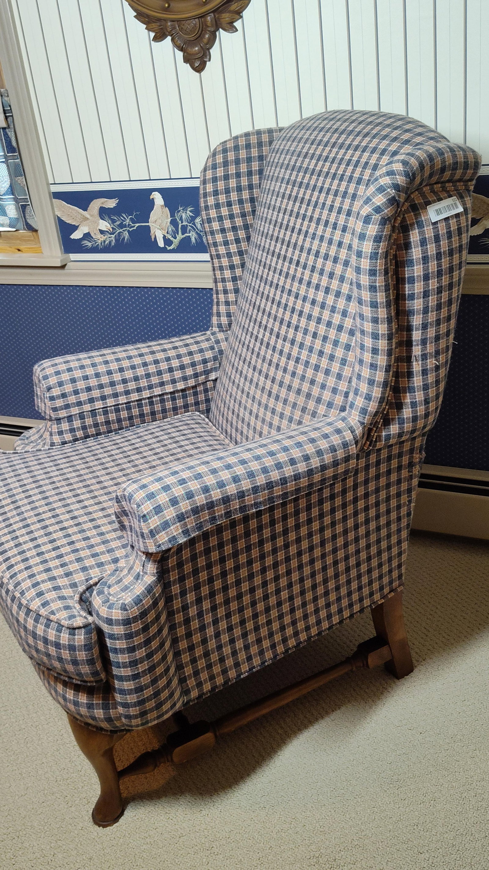 Colonial Revival Check Pattern Wingback Armchair - 2