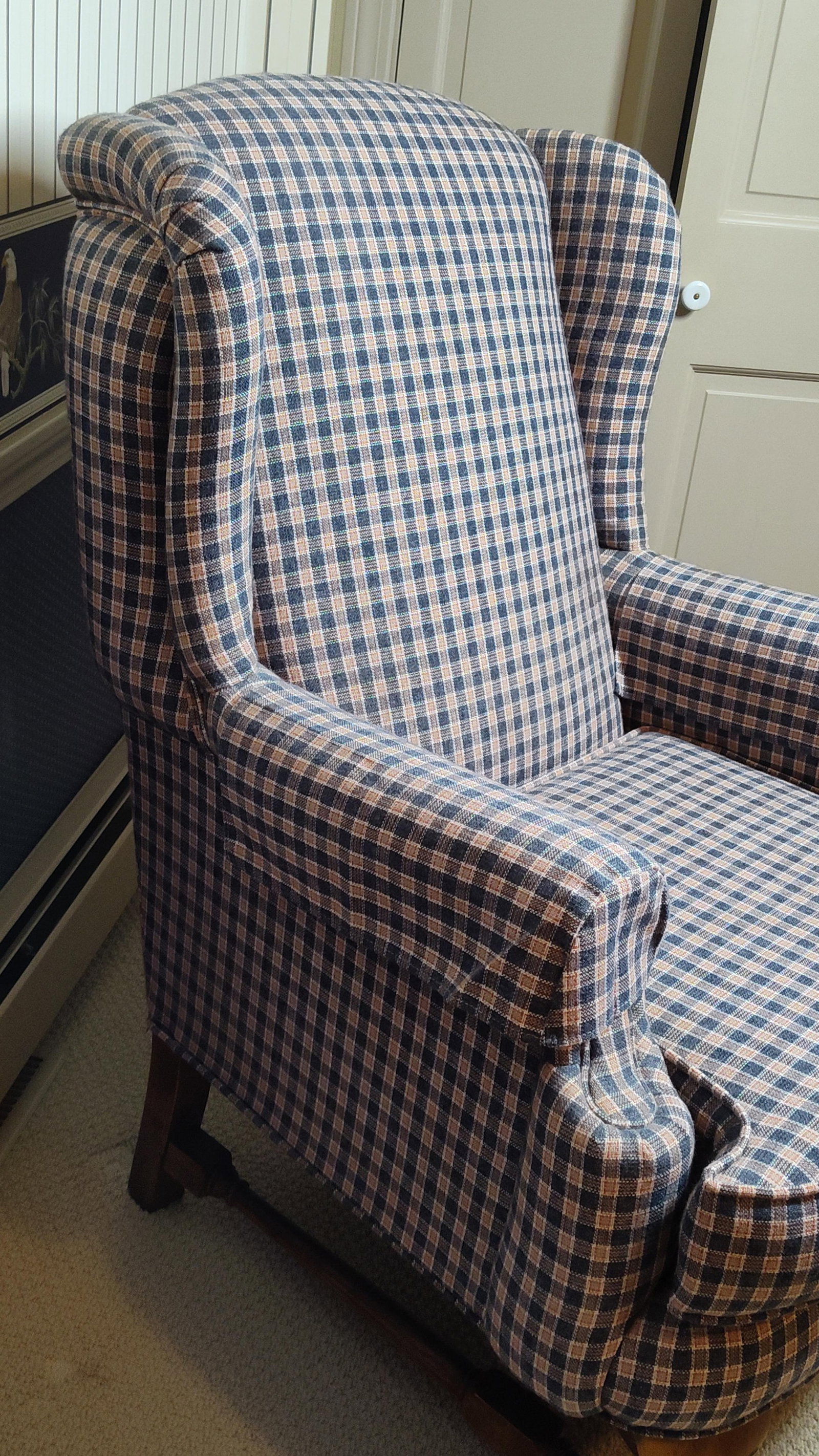 Colonial Revival Check Pattern Wingback Armchair - 3