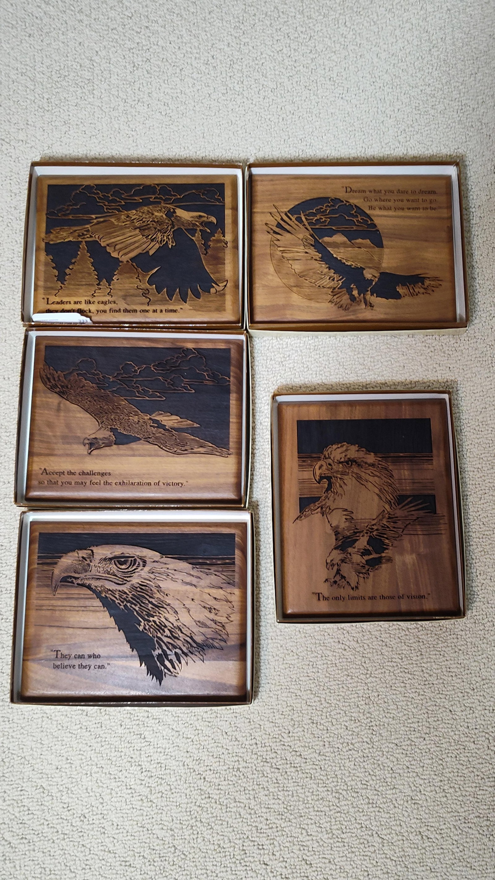 Laser-Engraved Wood Bald Eagle & Quote Plaques: This group consists of laser-engraved wooden plaques, each featuring a bald eagle in various poses, including close-up head profiles and soaring figures, accompanied by motivational text. The plaques