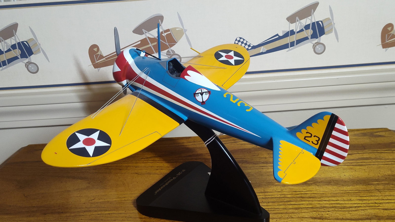 Boeing P-26 Peashooter Model: This is a large-scale desktop display model of the Boeing P-26 Peashooter, a pursuit aircraft used by the United States Army Air Corps in the 1930s. The model is presented in 1/24 scale and is likely 