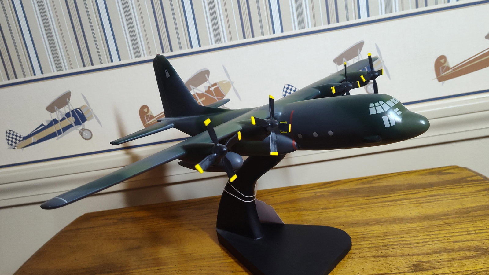 Lockheed C-130 Hercules Military Display Model: Attributed to Scalecraft, this is a desktop display model of a Lockheed C-130 Hercules aircraft in a Euro camouflage scheme. The model appears to be constructed from solid wood with a matte painted