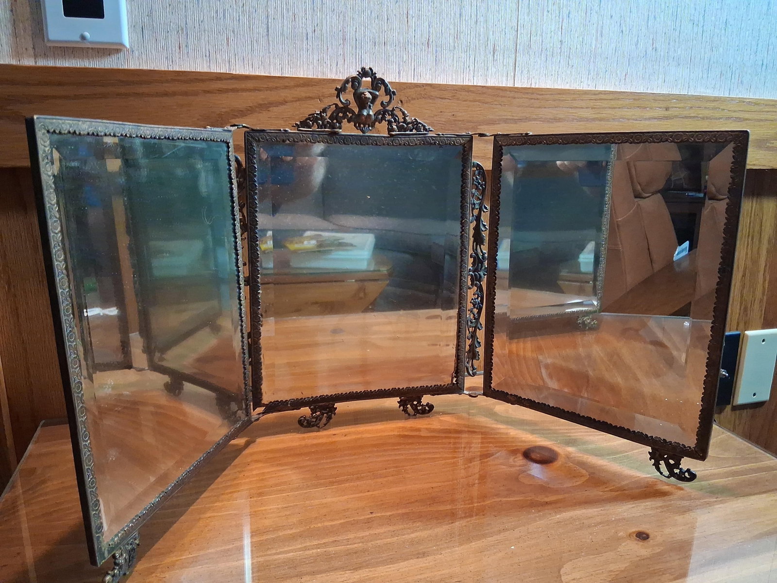 Victorian Style Brass Triptych Mirror w/ Botanical (1 of 5)