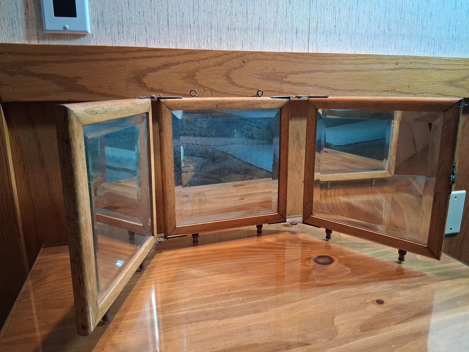 Triple Folding Wood Vanity Mirror w/ Beveled Glass (1 of 8)