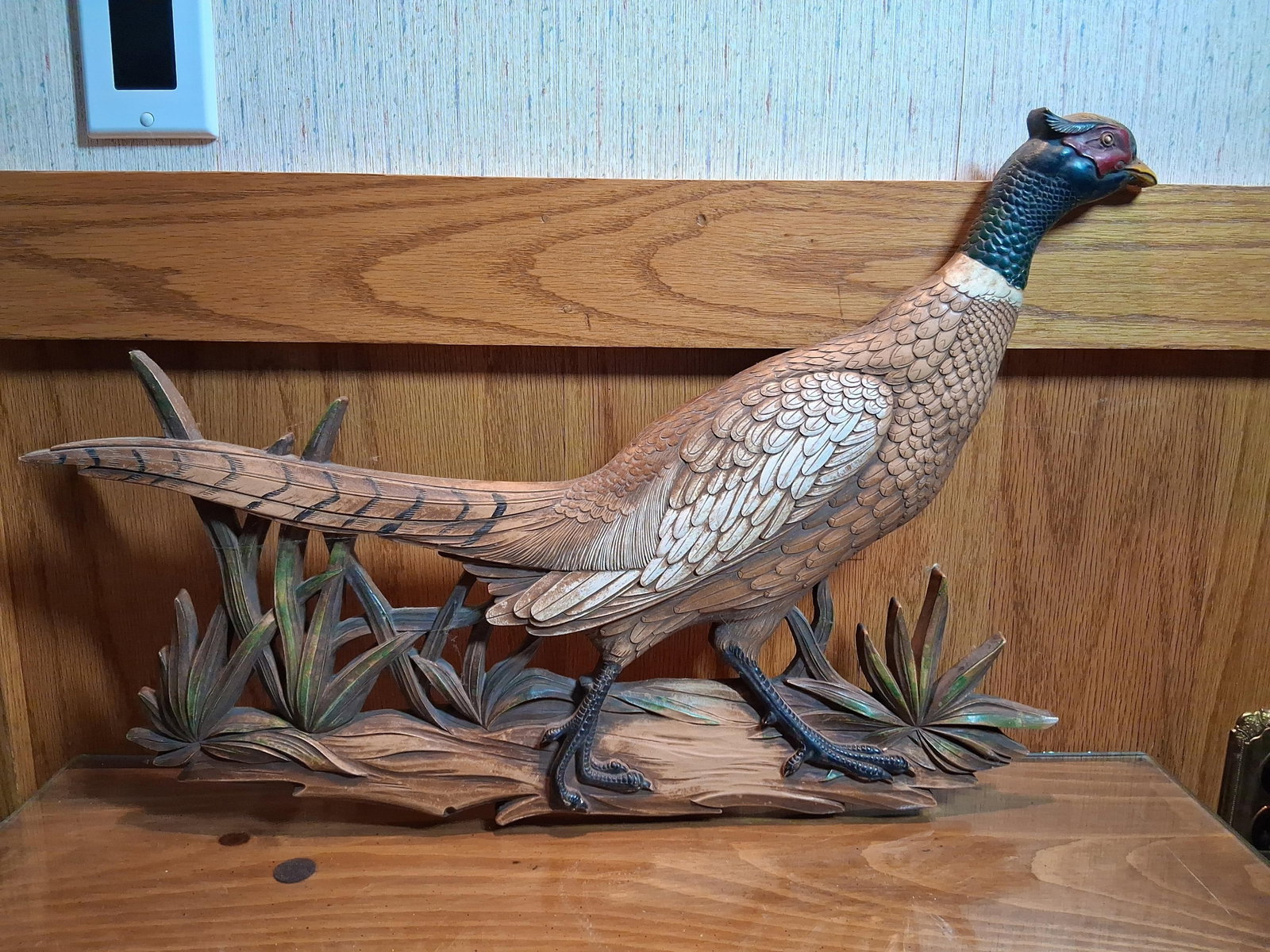 Syroco Wood Ring-Necked Pheasant Wall Plaque: This vintage three-dimensional wall plaque was produced by the Syracuse Ornamental Company (Syroco) of Syracuse, New York. The subject is a male ring-necked pheasant walking through a setting of tall