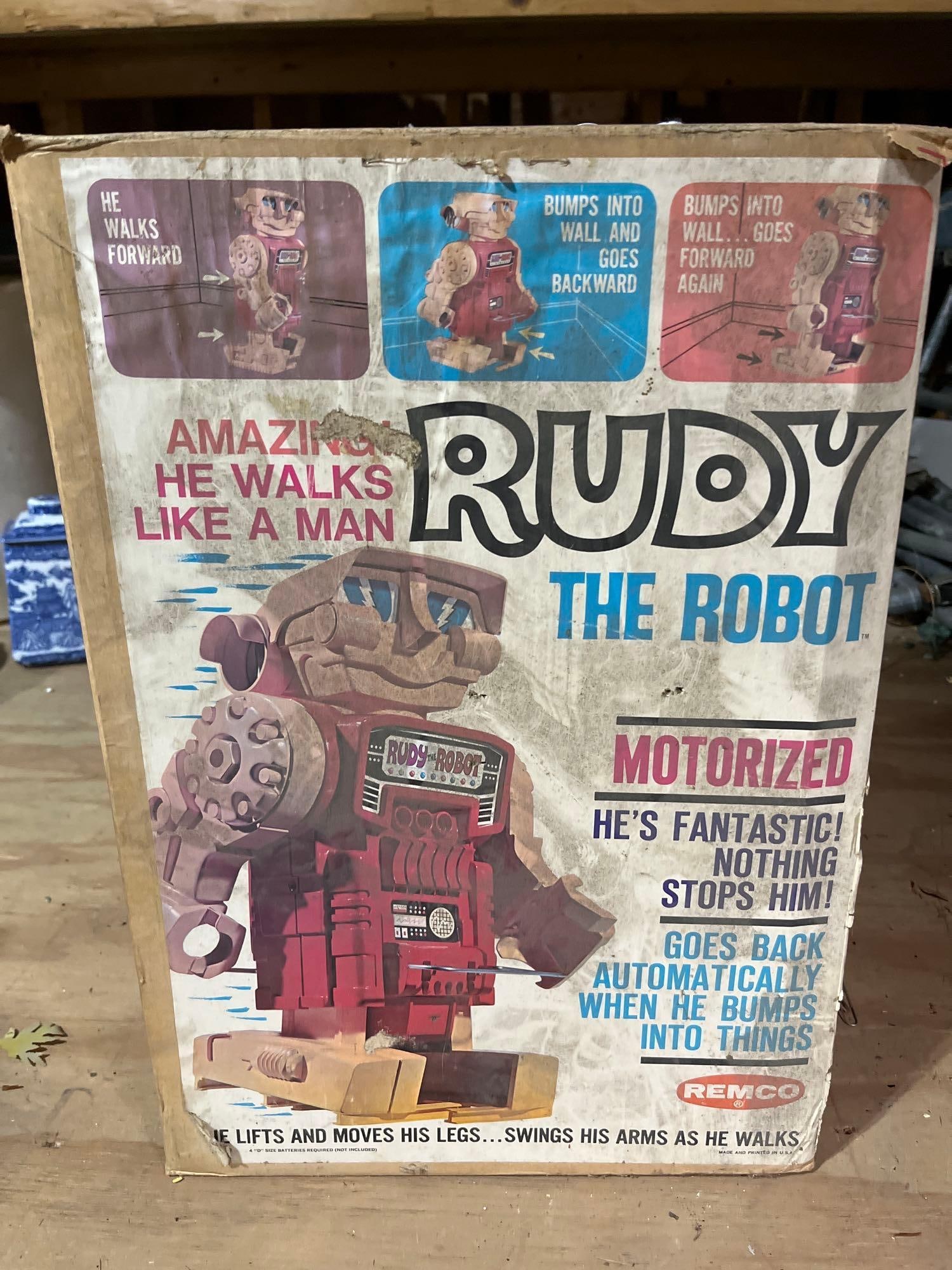 Remco Rudy the Robot Battery Toy Style 722 w/ Box: This Rudy the Robot is a motorized, battery-operated toy produced by Remco Industries Inc. of Harrison, New Jersey. The toy is identified as Style 722 and is constructed primarily from molded orange