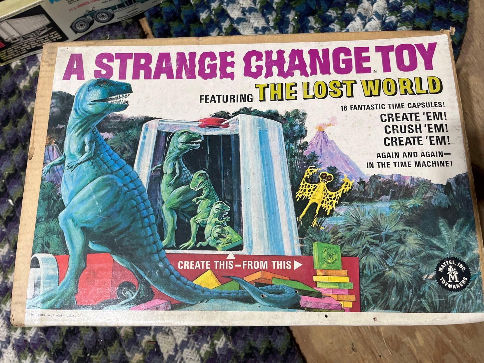 Mattel Strange Change Lost World Machine w/ Box: This vintage interactive play set is the Mattel A Strange Change Toy featuring The Lost World, copyrighted 1967. The set includes the primary Time Machine unit and its original color-illustrated