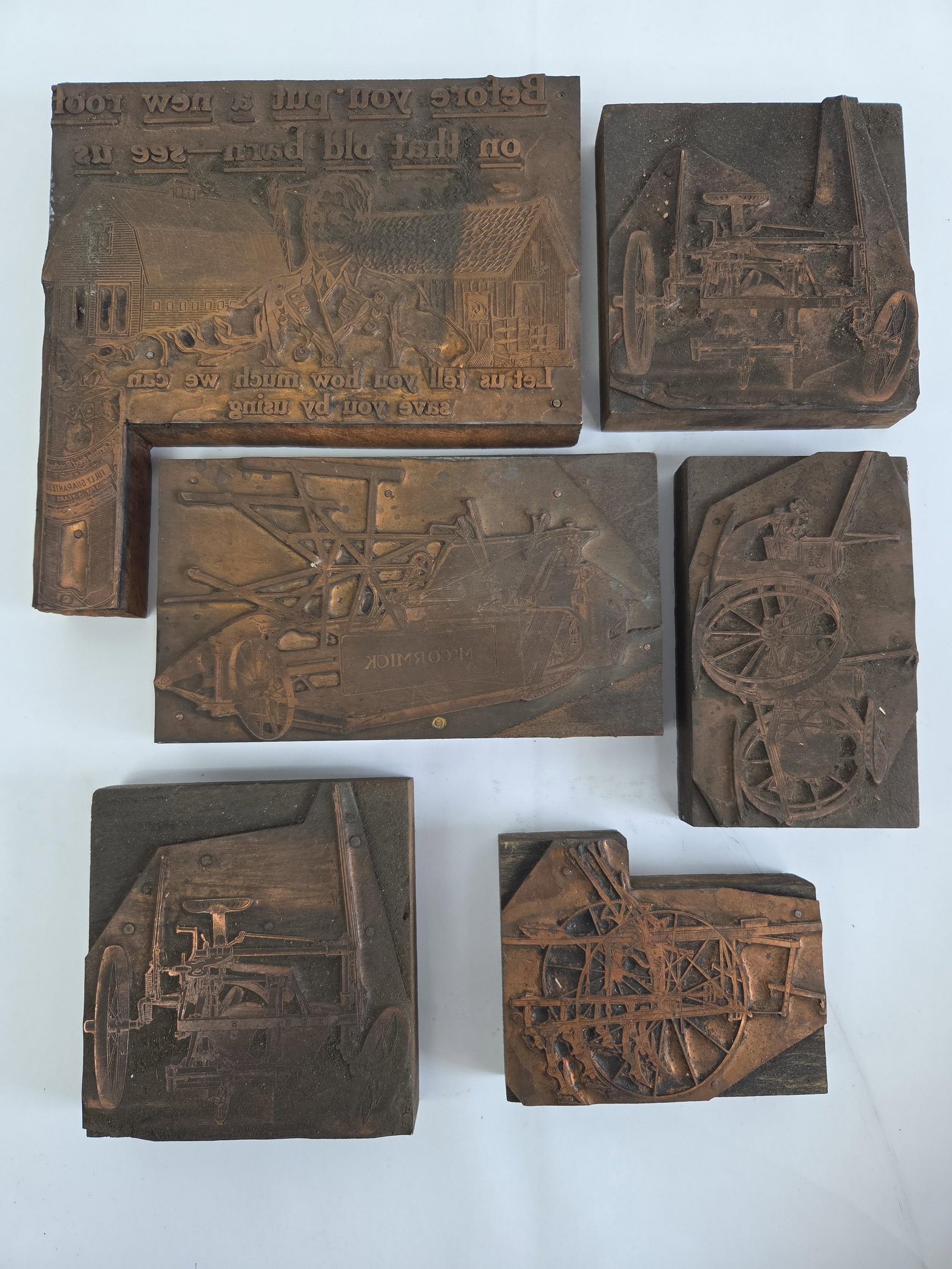 A Collection of Seven Antique Wood-Mounted Letterpress Printing Blocks (1 of 8)