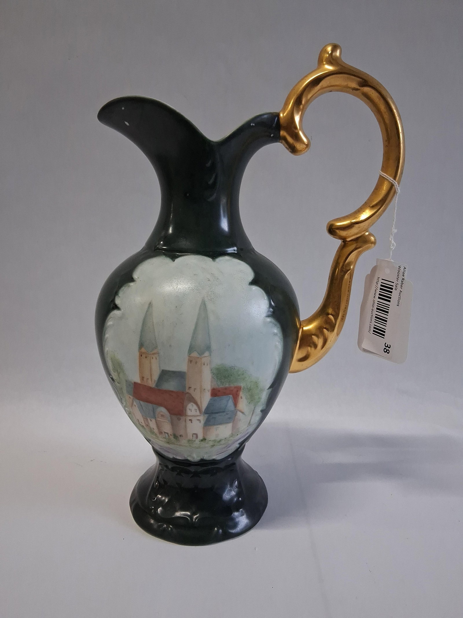 Gerold-Porzellan Bavaria Landscape Porc. Ewer: 13 in tall This is a porcelain decorative ewer produced by Gerold-Porzellan in Tettau, Bavaria. The object features a pedestal-footed bulbous body transitioning into a narrow, flared neck with a