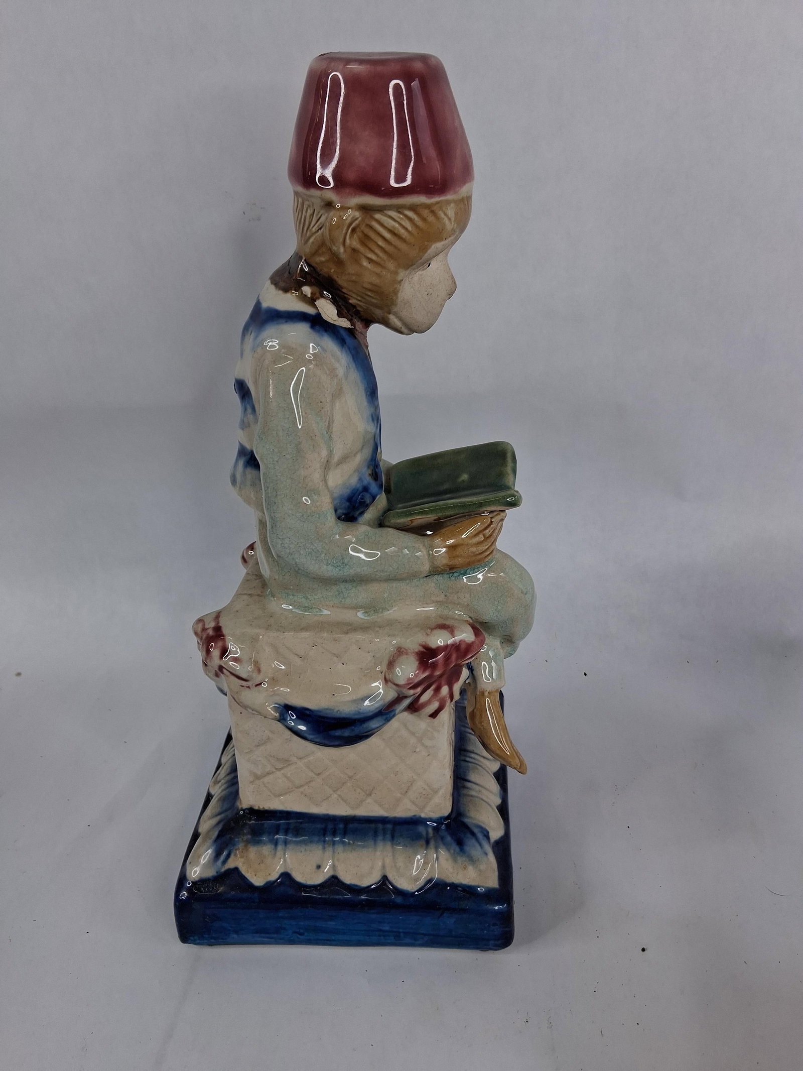 Pair Majolica Style Reading Monkey Figurines - 10