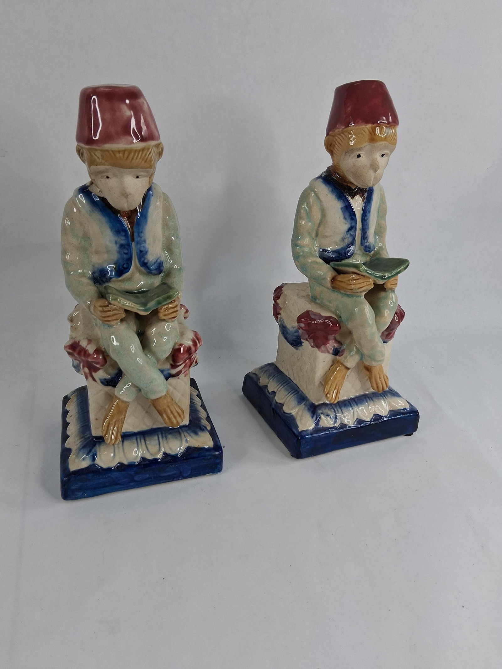 Pair Majolica Style Reading Monkey Figurines (1 of 11)