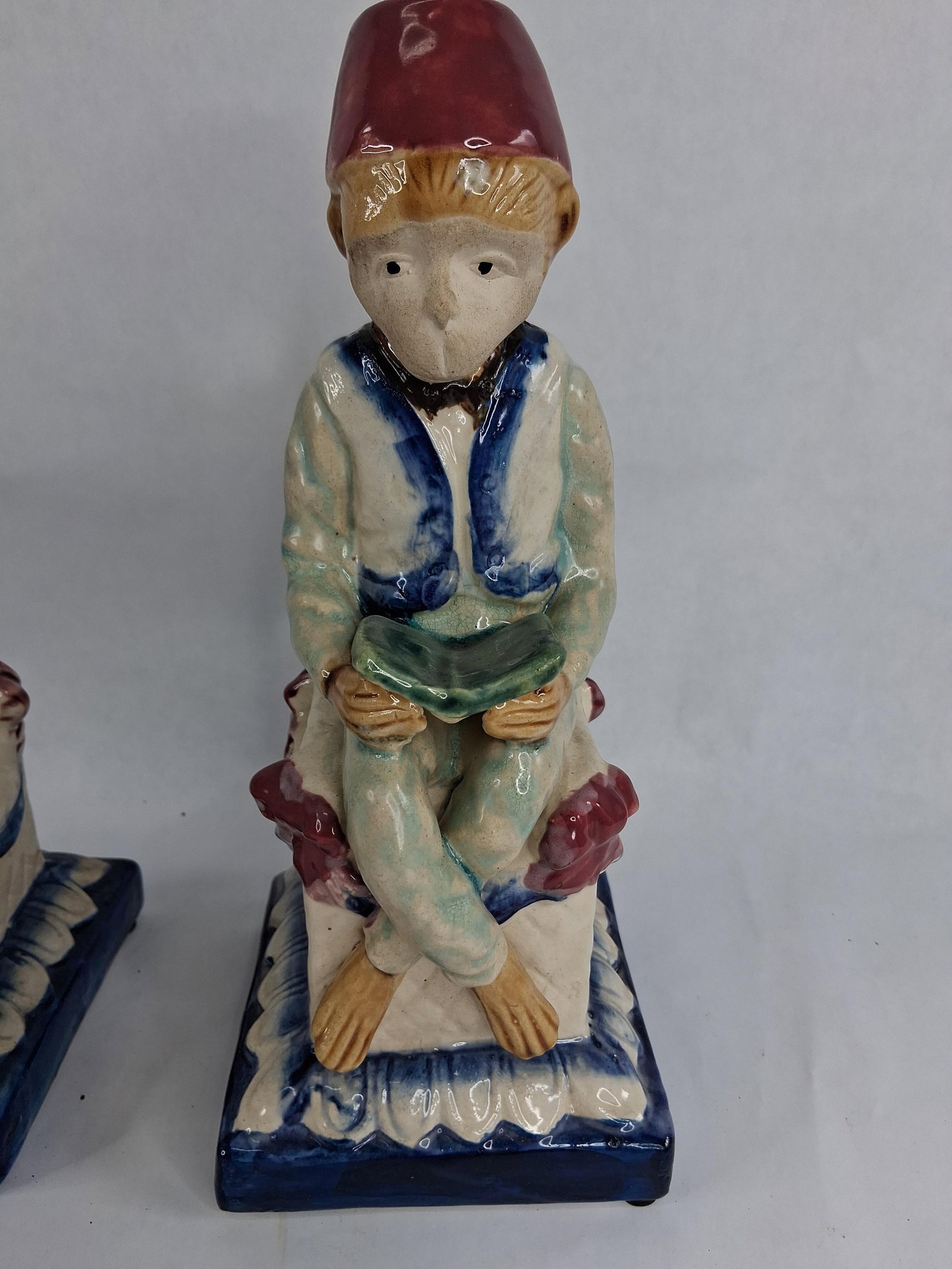Pair Majolica Style Reading Monkey Figurines - 2