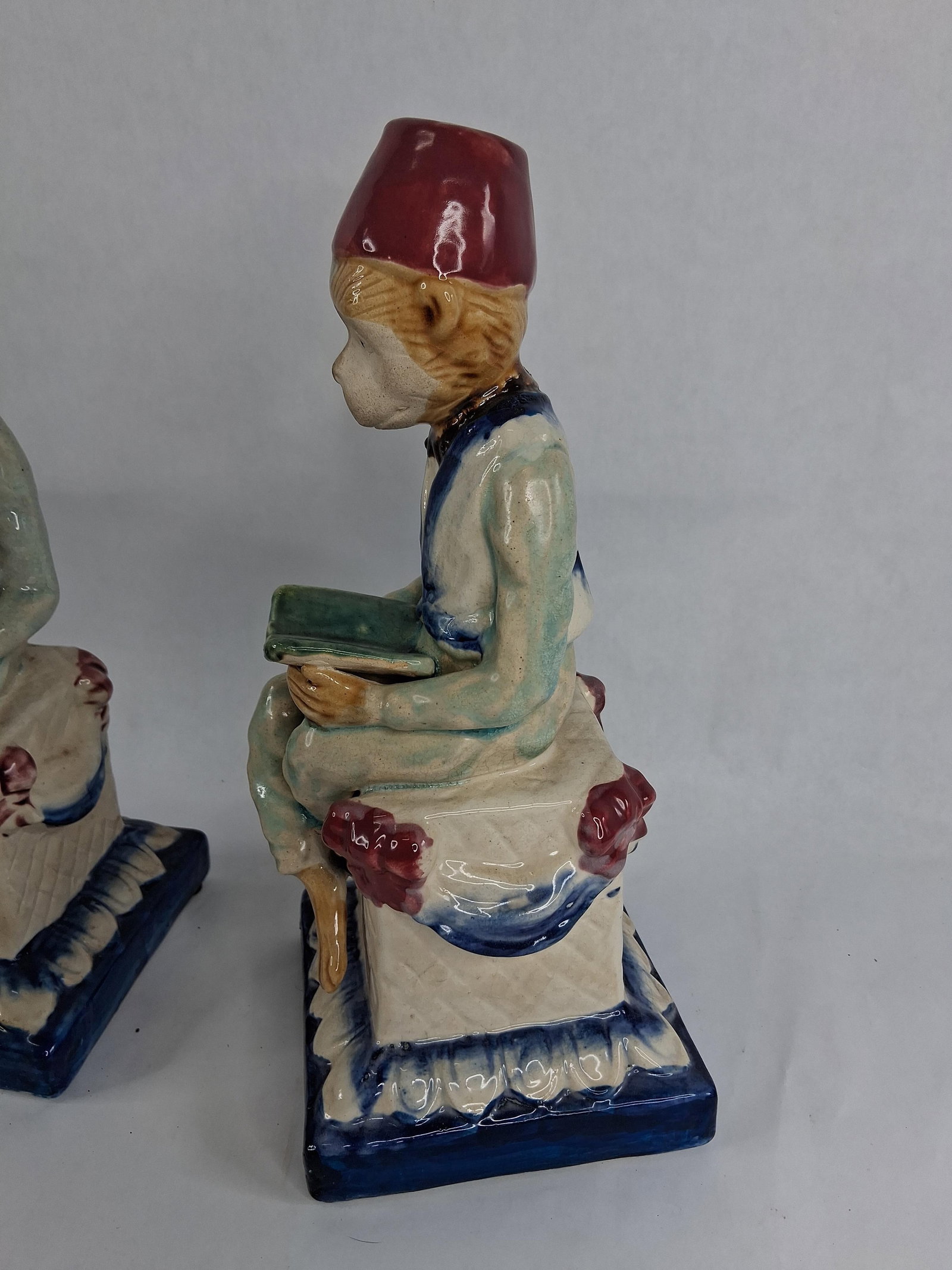 Pair Majolica Style Reading Monkey Figurines - 3
