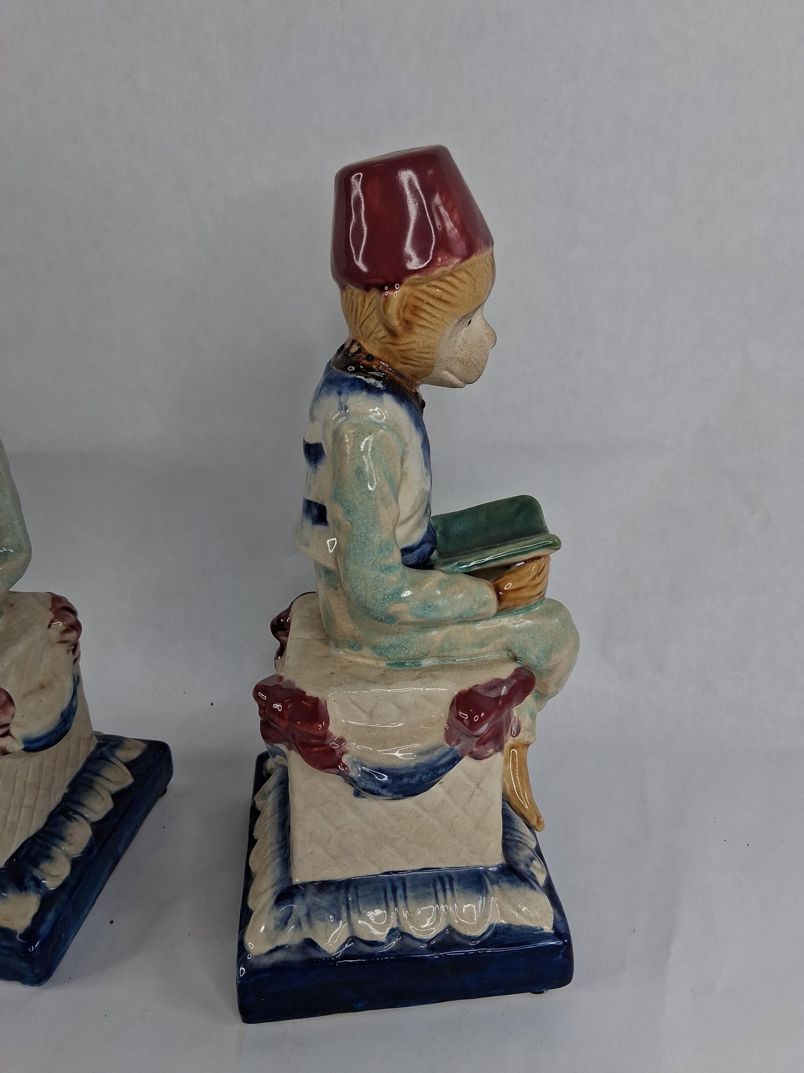 Pair Majolica Style Reading Monkey Figurines - 5