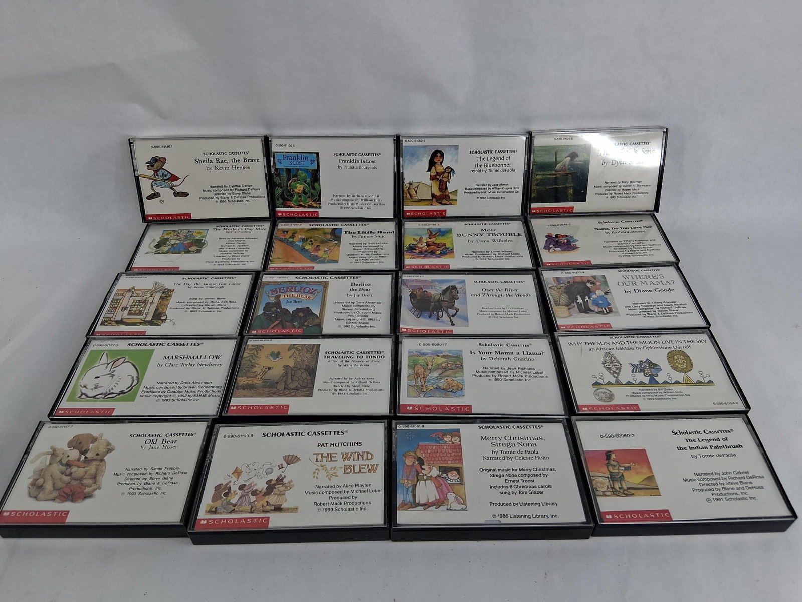 Scholastic Children's Audiobook Cassettes 1986-93: A collection of children's audiobook cassettes from the Scholastic Cassettes series, published between 1986 and 1993. The group features stories by authors including Tomie dePaola, Kevin Henkes, Jan