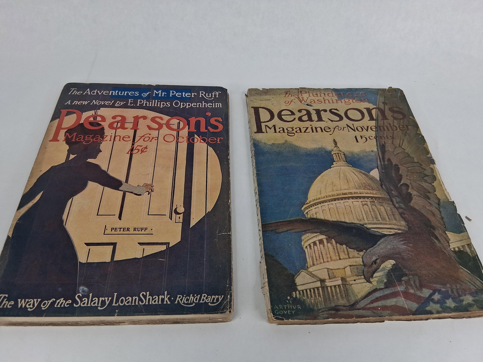 Pearson's Magazine, Oct & Nov 1909, 2 Issues: Two original softcover issues of Pearson's Magazine, specifically the October 1909 and November 1909 editions. These American periodicals are bound in their original illustrated paper wrappers and