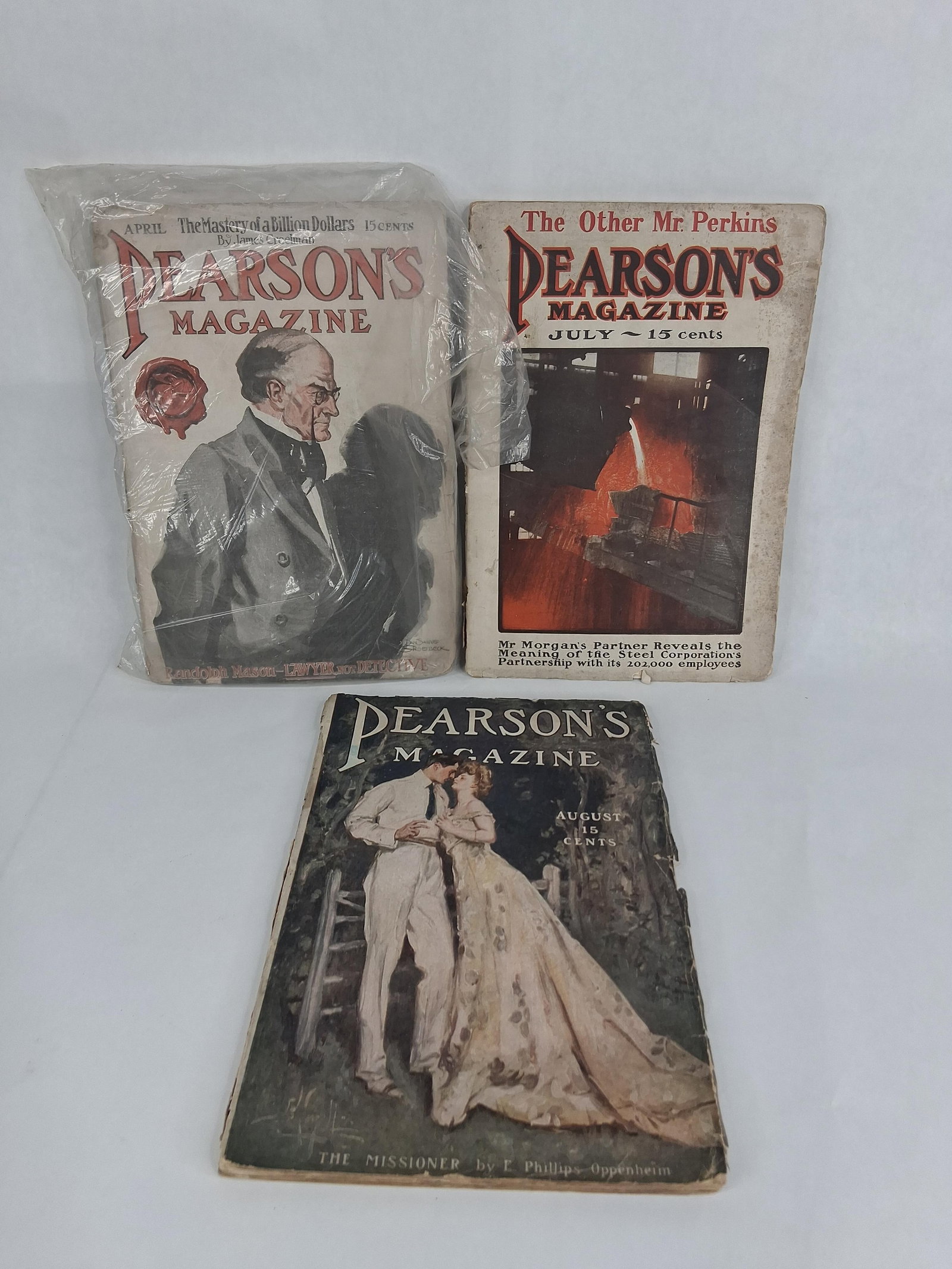 Pearson's Magazine, 3 Issues, Apr, Jul & Aug 1907: A trio of original softcover issues of Pearson's Magazine from 1907, comprising the April, July, and August editions. These quarto-sized periodicals are bound in their original illustrated paper