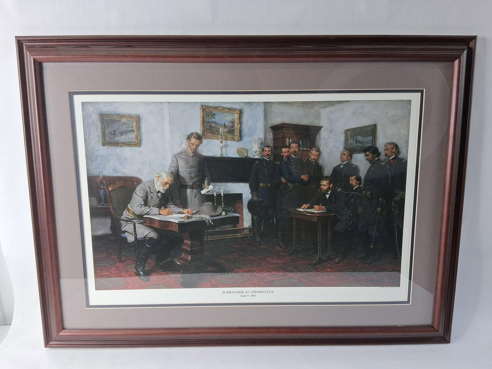 Tom Lovell, Surrender at Appomattox, Lithograph: This offset lithographic print on paper, titled Surrender at Appomattox, is after the original work by American illustrator Tom Lovell. The scene depicts the historic surrender of General Robert E.