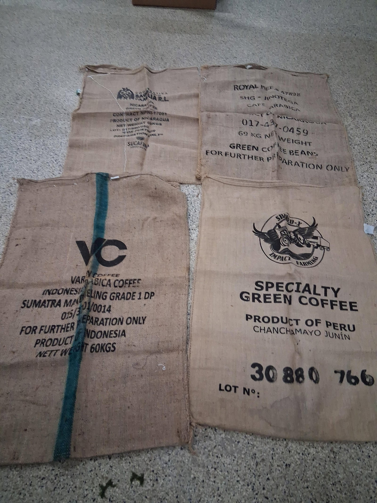 Set 4 International Burlap Green Coffee Sacks (1 of 5)