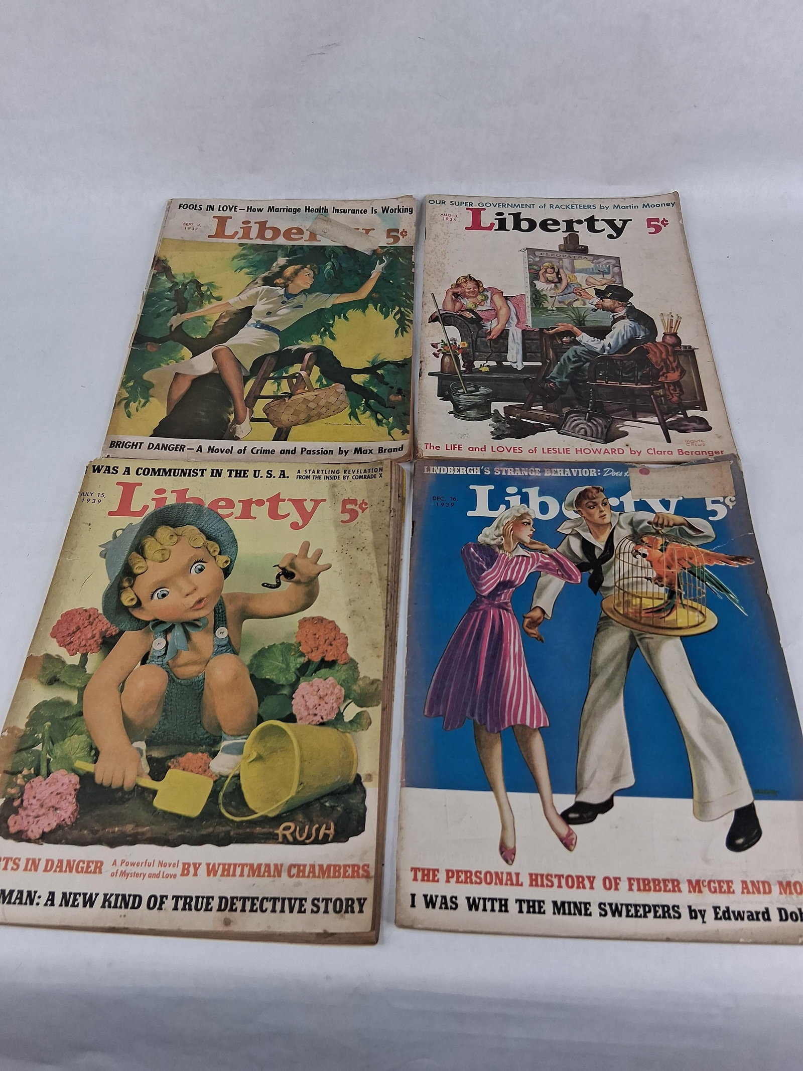 Liberty Magazine, Macfadden, 1935-1939 Issues: An assortment of Liberty magazine issues, a popular American weekly publication. This group comprises original issues dated August 3, 1935; September 4, 1937; July 15, 1939; and December 16, 1939.