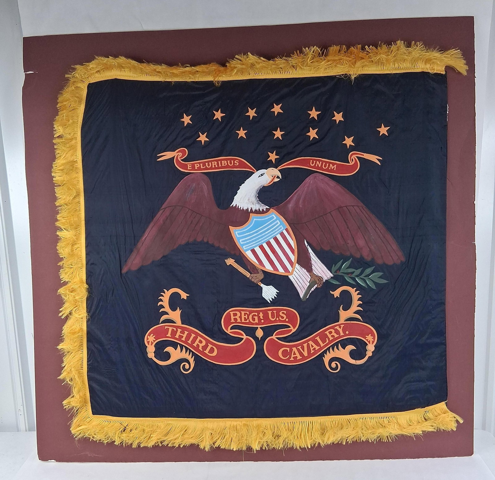 US Army 3rd Cavalry Regiment Standard w/ Eagle: 34x35This item is a regimental standard for the United States Army 3rd Cavalry Regiment, known as the Brave Rifles. The flag is constructed of a dark blue fabric field featuring a central