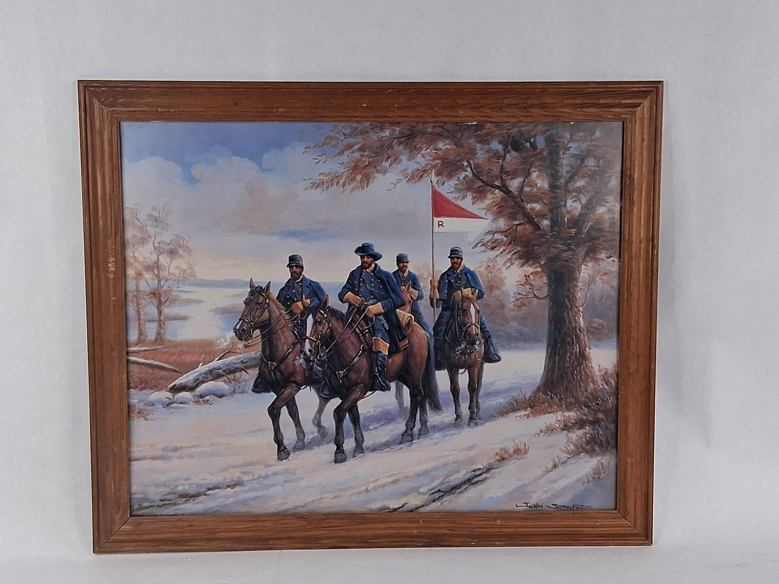 John Stanford, Buffalo Soldiers Cavalry in Snow: 19x23 This historical military painting is executed in a representational style, likely in oil or acrylic on board, and is signed JOHN STANFORD in red in the lower right corner. The scene depicts a