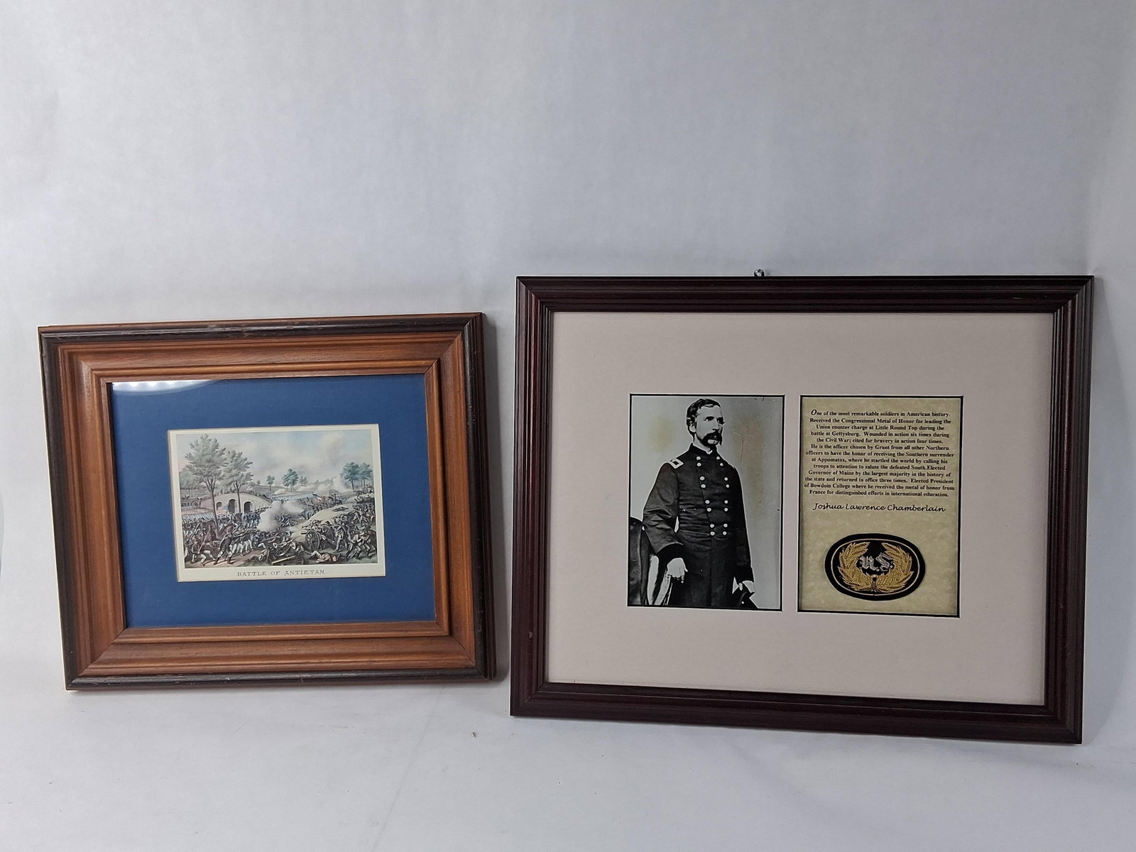 Pair American Civil War Items w/ Antietam Print: This lot consists of two framed commemorative items related to the American Civil War. The first item is a color lithograph print titled BATTLE OF ANTIETAM centered in the lower margin, depicting the