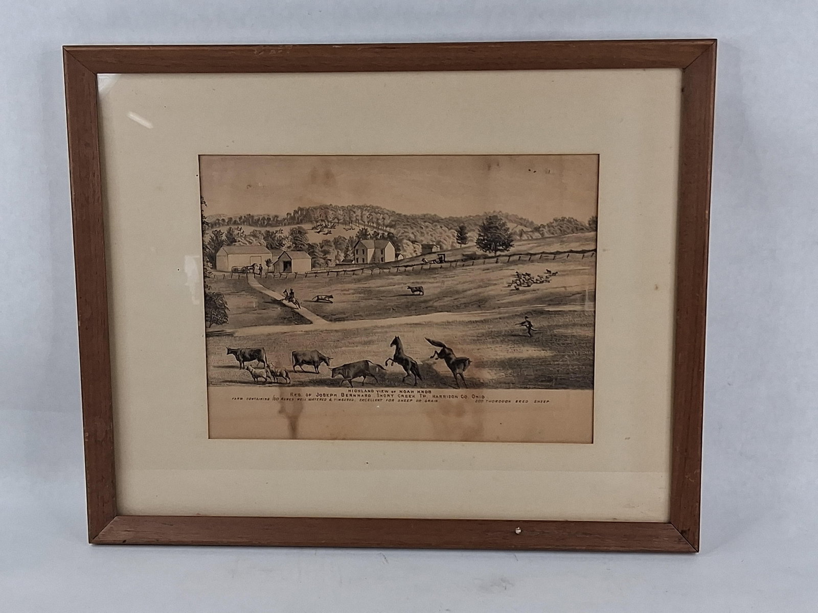 19th C. Lithograph, Joseph Bernhard Residence, OH: 14x18This 19th-century lithograph, likely a plate removed from Caldwell's Atlas of Harrison County, Ohio, published circa 1875, depicts Highland View or Noah Knob, the residence and farmstead of