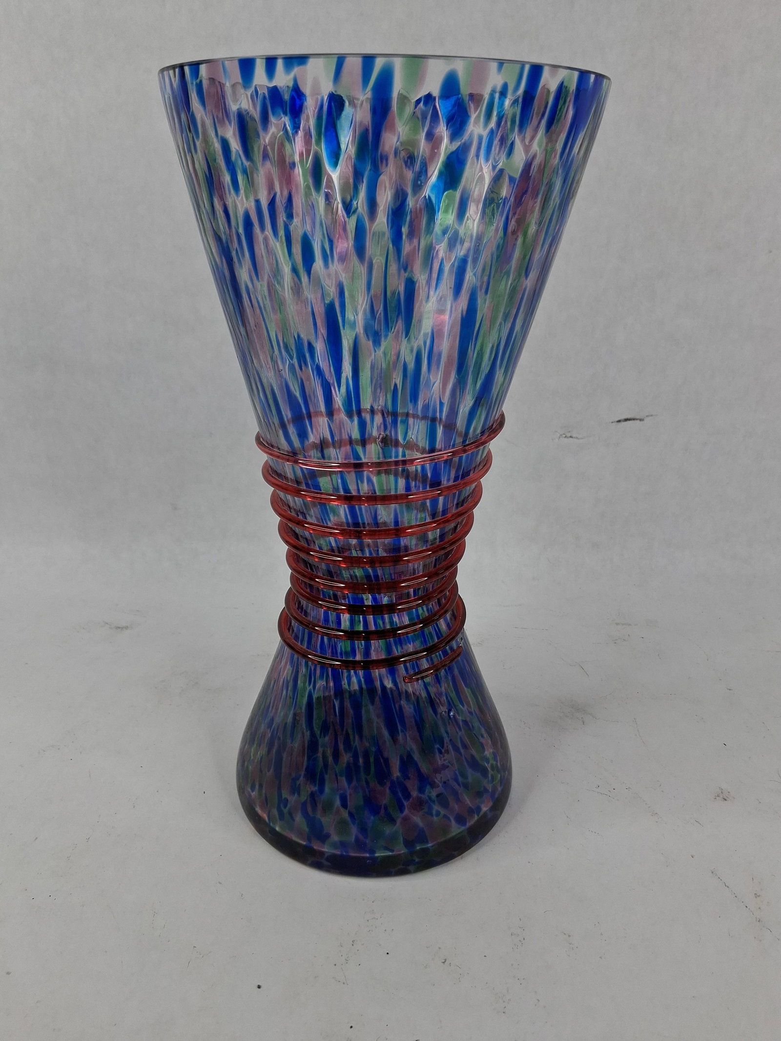 Bohemian Ruby Threaded Spatter Glass Corset Vase (1 of 6)