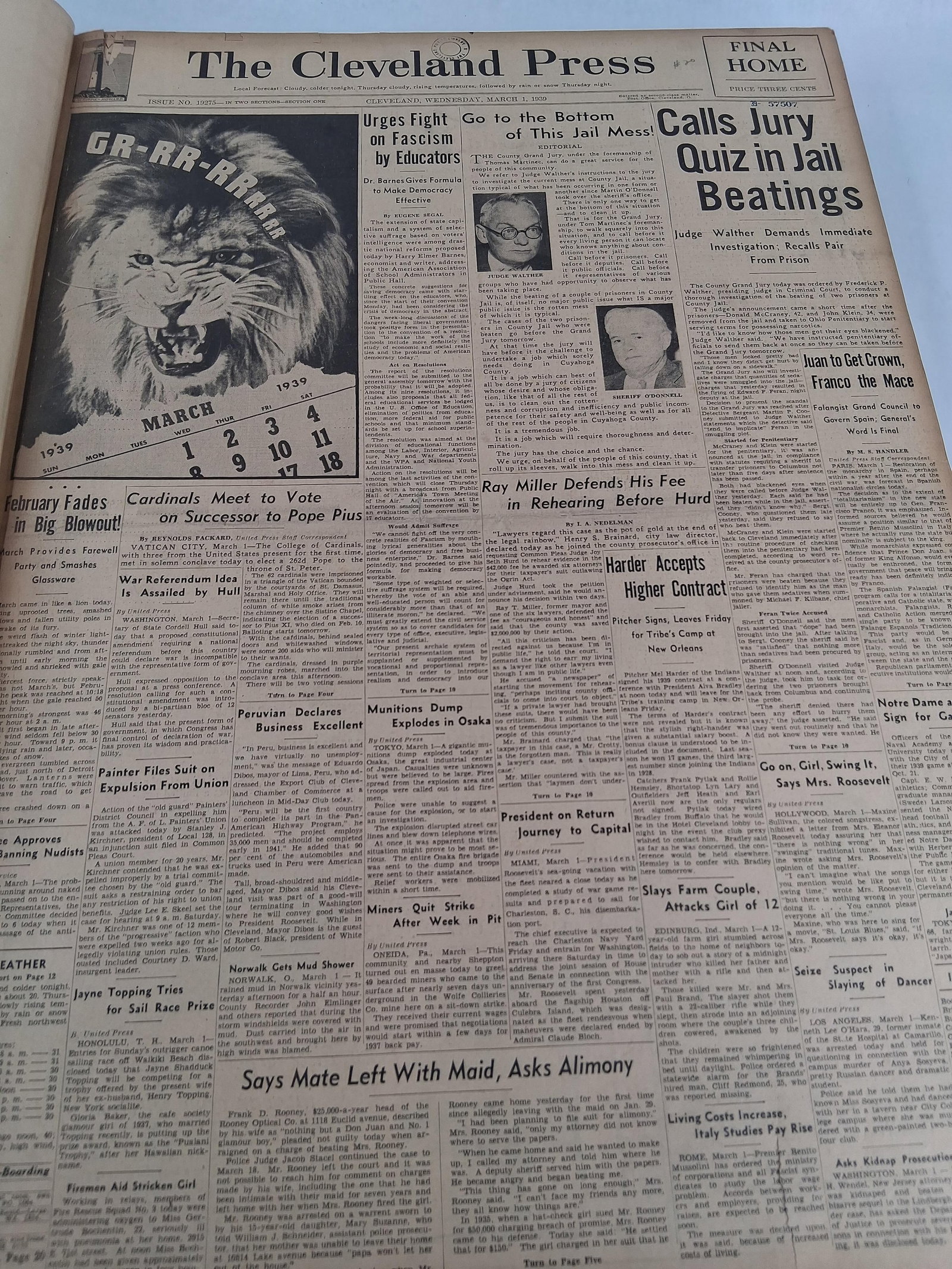 Cleveland Press Bound Folio Volume, March 1939: 18x24 This archival bound folio volume contains a comprehensive collection of daily issues of The Cleveland Press for the month of March 1939. The volume is bound in sturdy tan buckram cloth boards wi