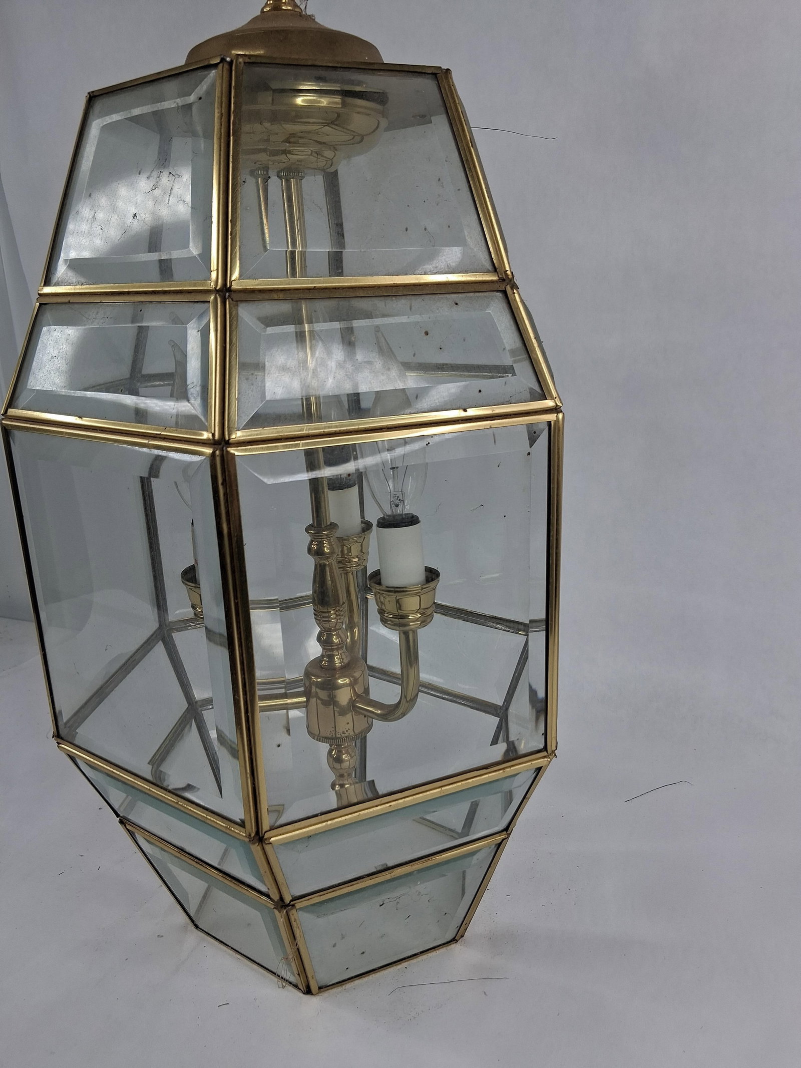 Hexagonal Brass & Beveled Glass 3-Light Lantern - 3