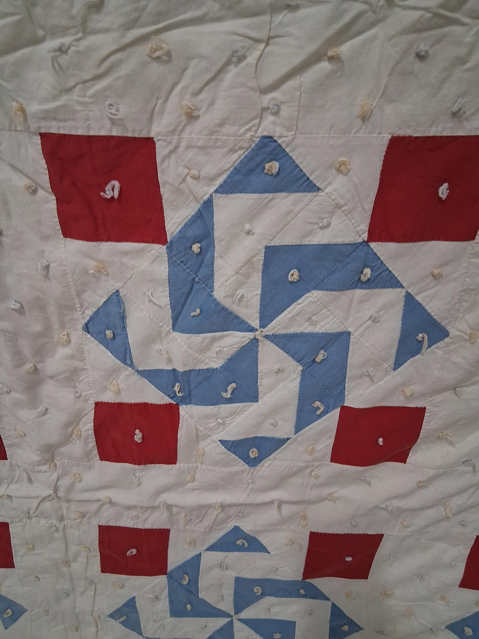 American Hand-Pieced and Hand-Tied Whirling Logs Pattern Utility Quilt (1 of 8)