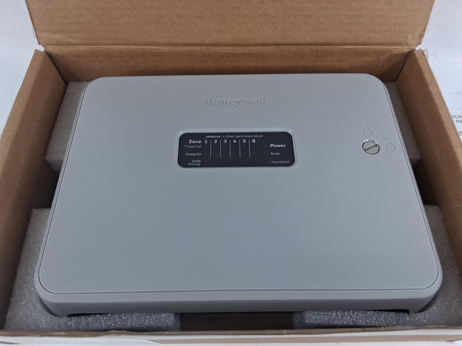 Honeywell HPSR106 Hydronic Pro 6-Zone Relay Panel: This Honeywell Hydronic Pro switching relay panel, model HPSR106, is designed for multi-zone control within a hydronic heating system. The unit facilitates the management of up to six independent