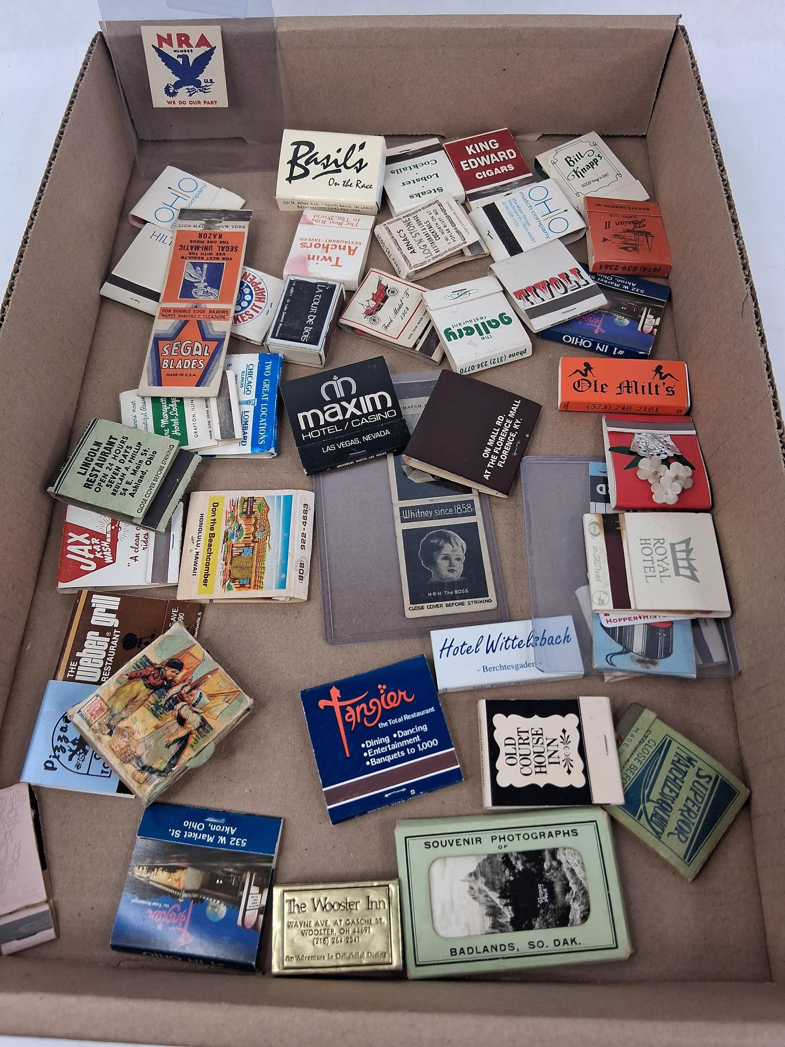 Matchbooks & Ephemera w/ New Deal NRA Card: This lot consists of a collection of paper ephemera, primarily focused on mid-20th-century advertising matchbooks. The collection features a variety of establishments such as hotels, casinos, and