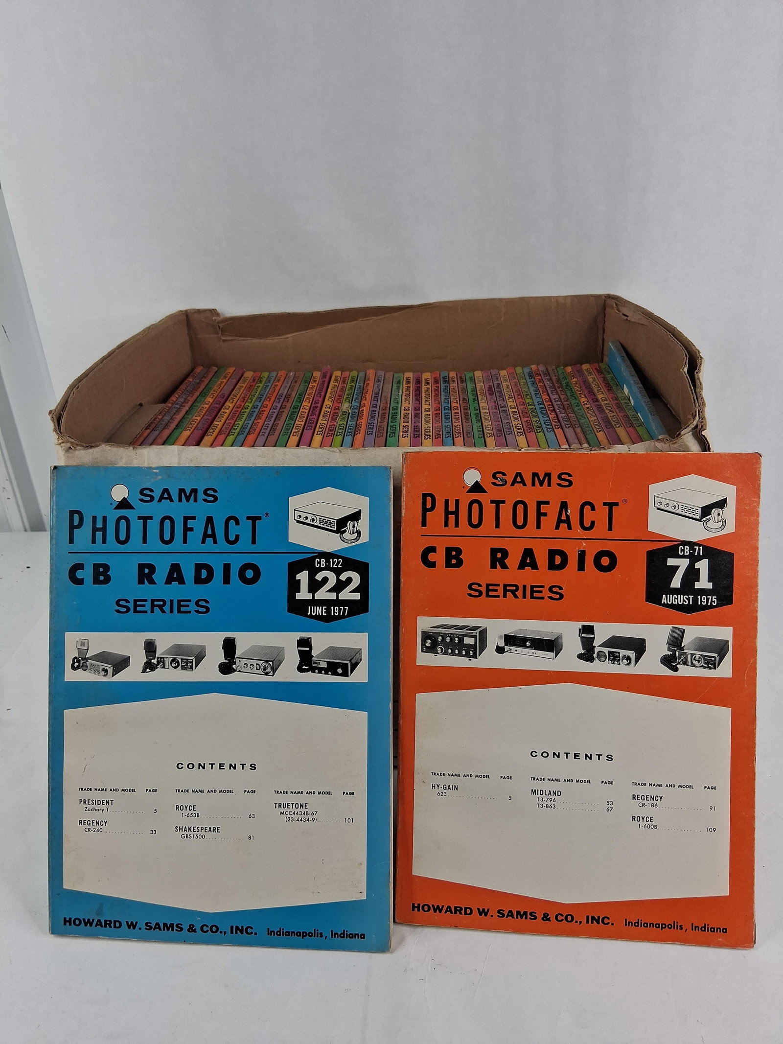 Howard W. Sams Photofact CB Radio Manuals 1975-77: A collection of softcover technical service manuals from the Sams Photofact CB Radio Series, published by Howard W. Sams & Co., Inc. of Indianapolis, Indiana. The manuals are approximately quarto-size