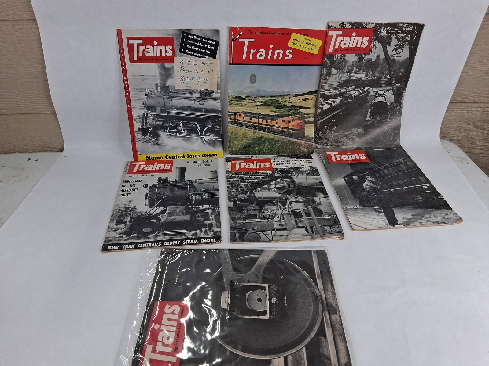 Kalmbach Trains: Railroading Magazines 1948-1970: This lot consists of an assortment of softcover magazines titled Trains: The Magazine of Railroading, published by Kalmbach Publishing Co. of Milwaukee, Wisconsin. Included issues are dated June