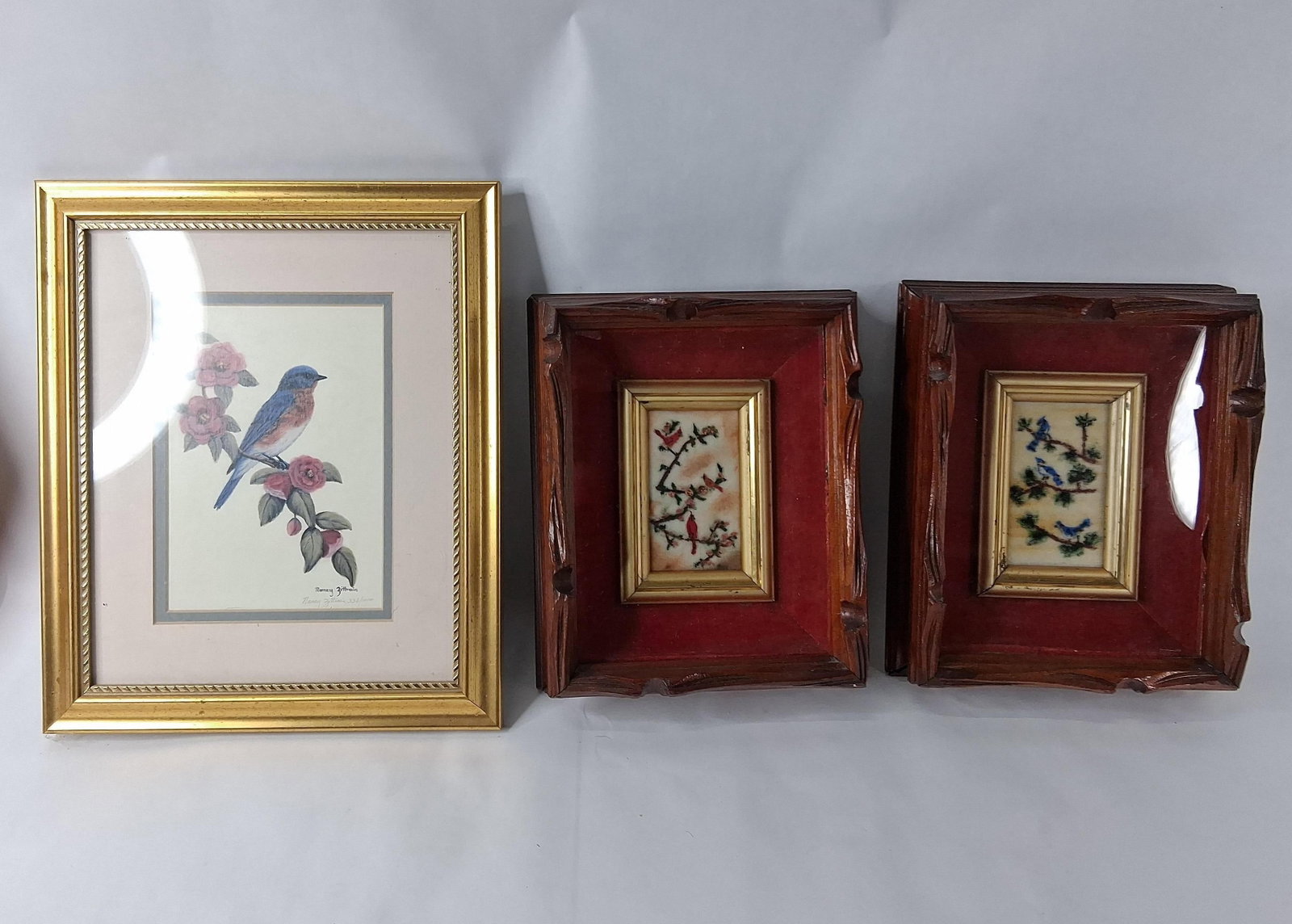 Nancy Zittrain Signed Limited Edition Print and a Pair of Needlework Bird Miniatures: This collection features a trio of bird-themed decorative artworks, including a signed limited edition print and a pair of needlework miniatures. The primary work is a limited edition reproduction of