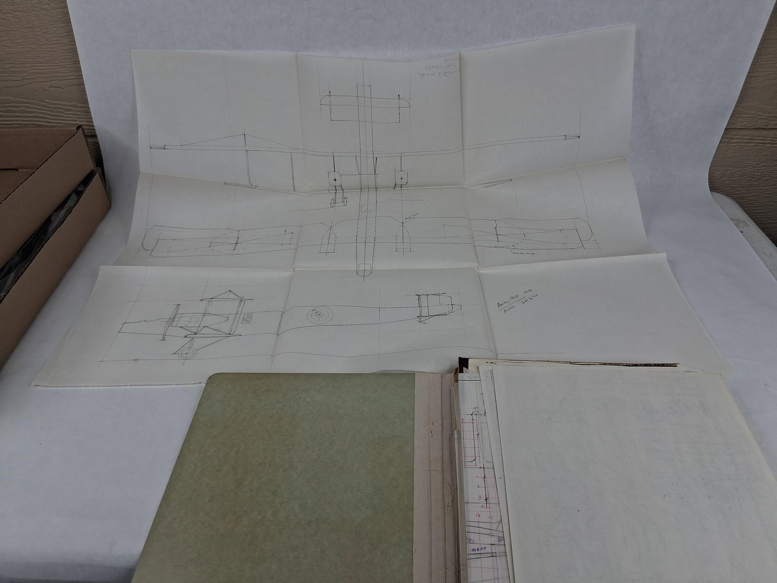 R. Fusselman & Others, Aviation Technical Drawings: This collection of aviation ephemera features a variety of hand-drawn plans, printed scale drawings, and technical blueprints primarily focused on aircraft from the early to mid-20th century. A primar