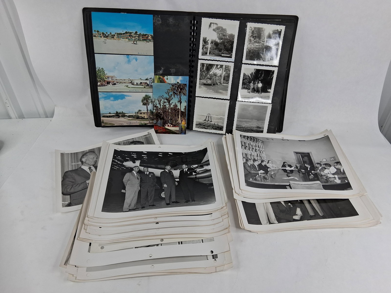 Mid-20th C. Gillespie Aviation Archive & Album: A collection consisting of a personal photo album and an associated archive of loose professional-format photographs and paper ephemera. The archive features approximately 15 to 20 loose 8x10 inch glo