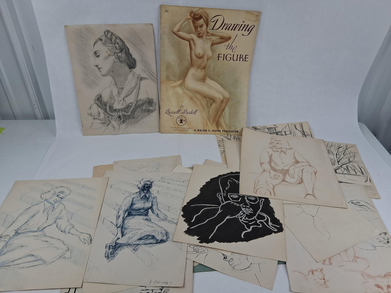 D.V. Malecki, G. & Y. Aldridge Drawings & Sketches: This lot comprises a collection of original artworks on paper by multiple hands, primarily featuring mid-20th-century figure studies, portraits, and landscapes. The collection is accompanied by a