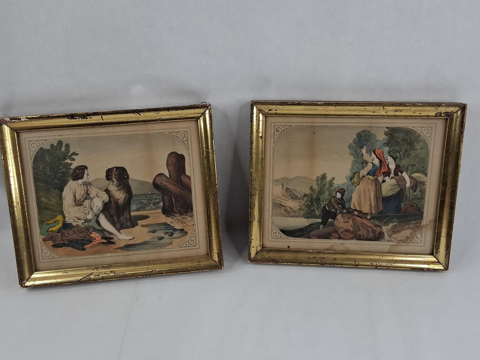 Pair Mid-19th C. Hand-Colored Prints, Gilt Frames (1 of 4)