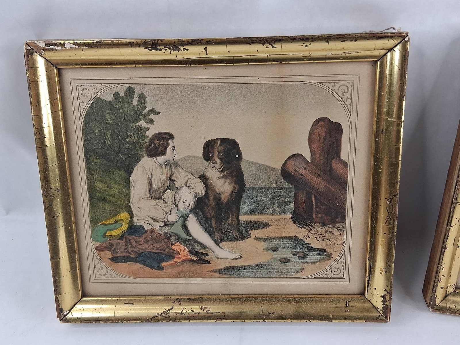 Pair Mid-19th C. Hand-Colored Prints, Gilt Frames - 2